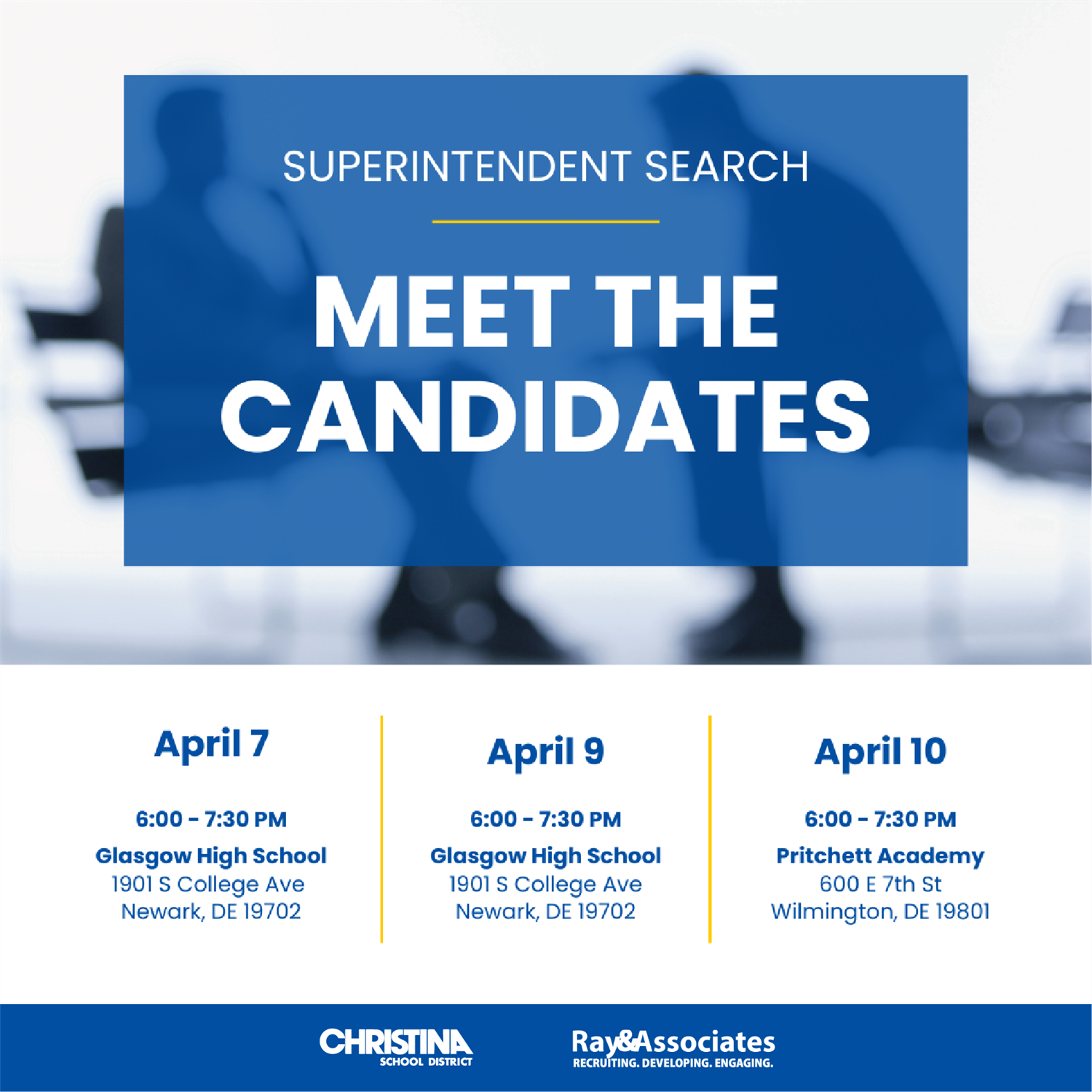 Christina School District - Superintendent Search - Meet the Candidates - Blue and White graphic